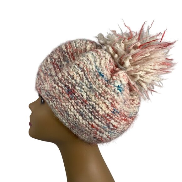 Hand-Knitted Multicolor Pink Wool Blend Beanie w/ Pom PomStretch Fit Womens OS - Picture 6 of 8